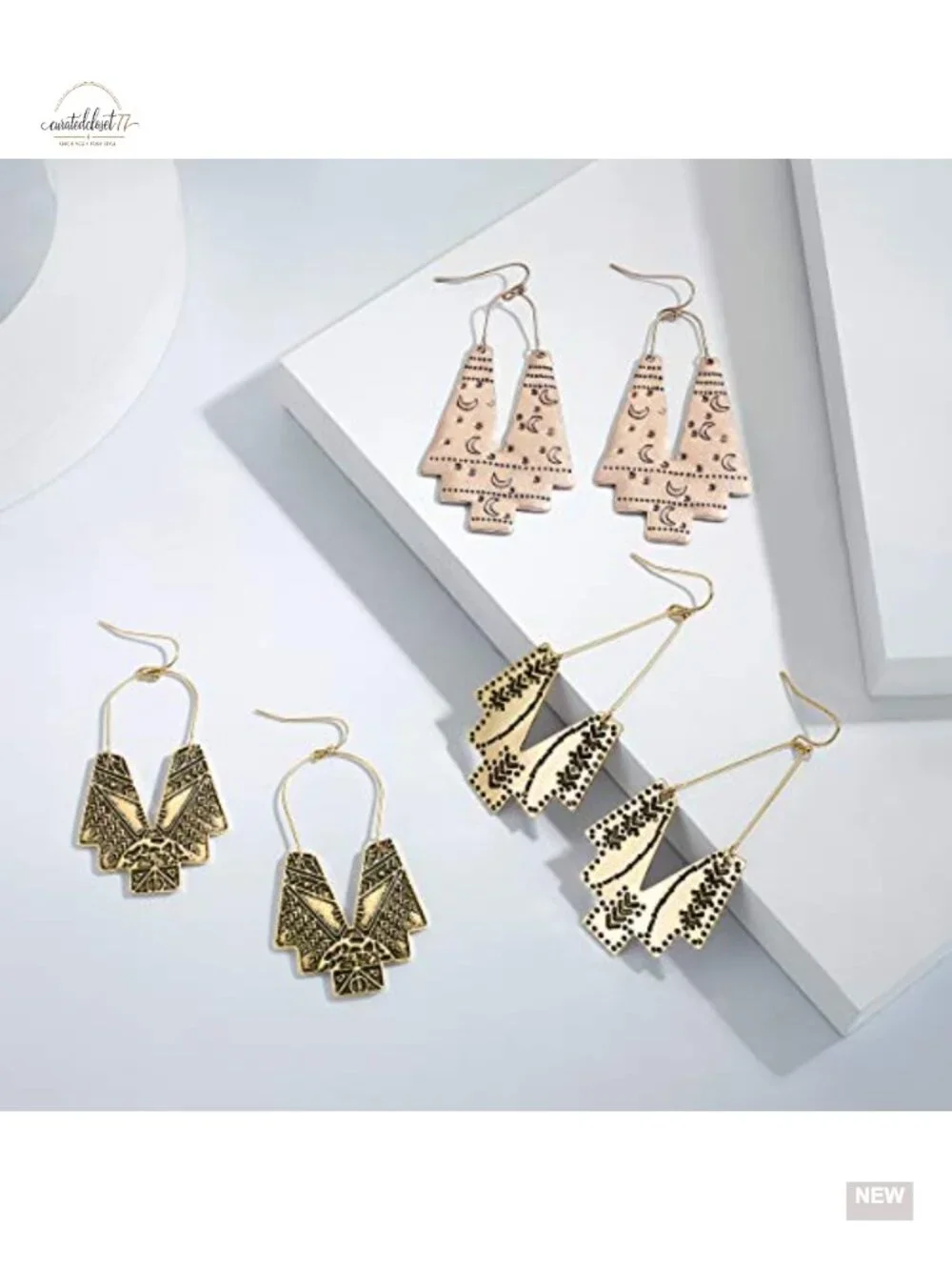 Gold Geometric Dangle Drop Earrings Boho Ethnic Vintage Fan Shape Statement